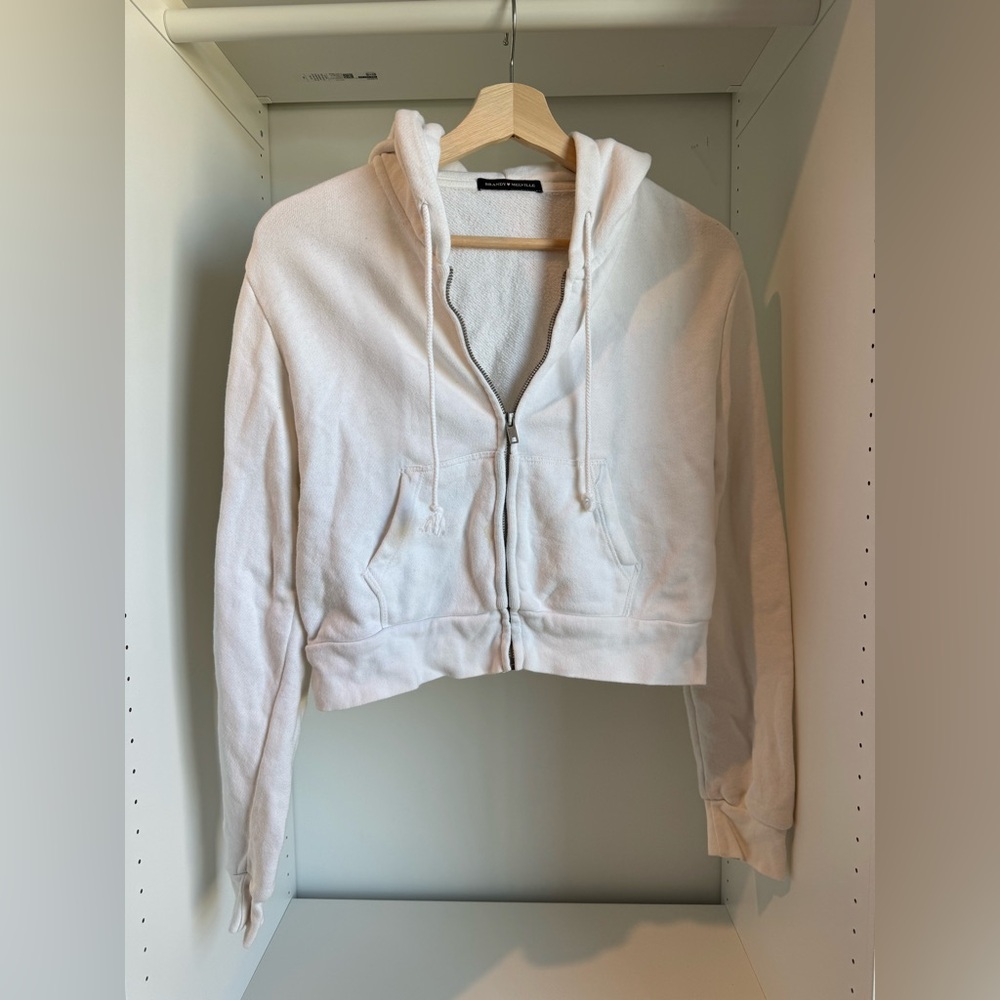 Brandy Melville White Cropped Zip Hoodie